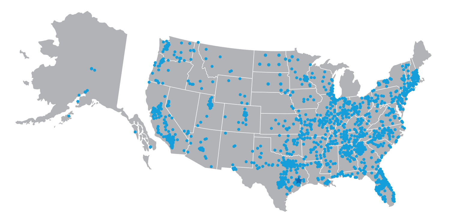 Map showing AT&T retail store locations across the United States